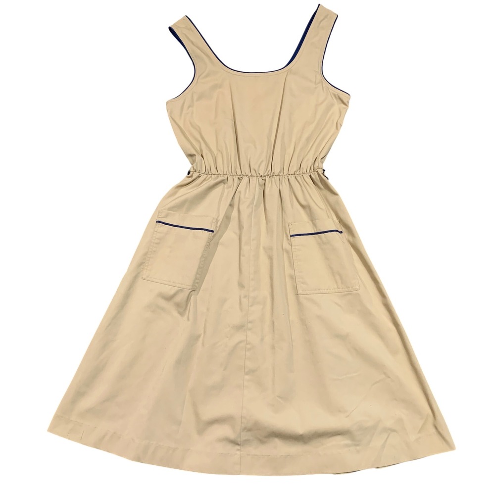 Vintage USA Malouf of Dallas‎ Womens Tan Blue Trim Elastic Waist Pocket Dress 10